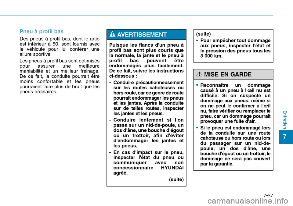 Hyundai Genesis 2015 Manuel du propriétaire (in French) 7-57
7
Entretien
Pneu à profil bas
Des pneus à profil bas, dont le ratio
est inférieur à 50, sont fournis avec
le véhicule pour lui conférer une
allure sportive.
Les pneus à profil bas sont o Hyundai Genesis 2015 Manuel du propriétaire (in French) 7-57
7
Entretien
Pneu à profil bas
Des pneus à profil bas, dont le ratio
est inférieur à 50, sont fournis avec
le véhicule pour lui conférer une
allure sportive.
Les pneus à profil bas sont o