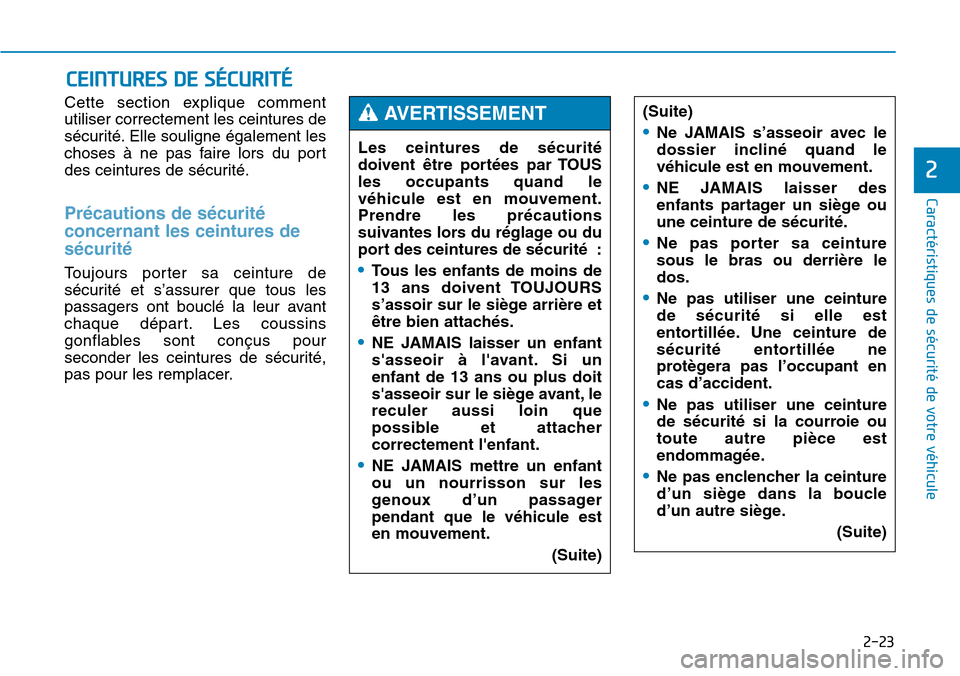 Hyundai Genesis 2015 Manuel du propriétaire (in French) 2-23
Caractéristiques de sécurité de votre véhicule
2
Cette section explique comment
utiliser correctement les ceintures de
sécurité. Elle souligne également les
choses à ne pas faire lors du Hyundai Genesis 2015 Manuel du propriétaire (in French) 2-23
Caractéristiques de sécurité de votre véhicule
2
Cette section explique comment
utiliser correctement les ceintures de
sécurité. Elle souligne également les
choses à ne pas faire lors du