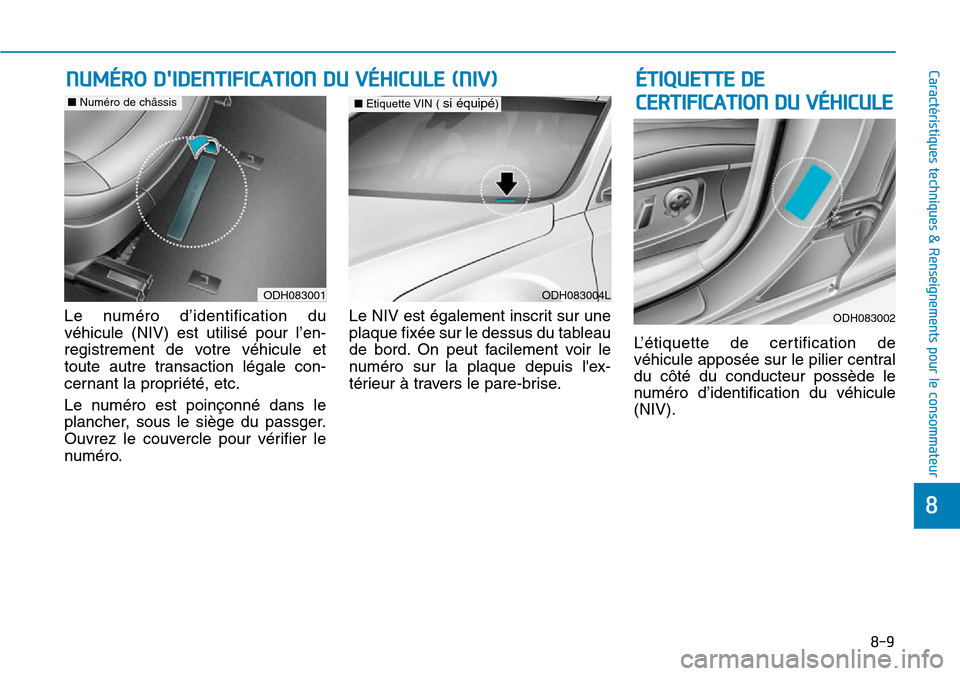 Hyundai Genesis 2015 Manuel du propriétaire (in French) 8-9
88
Caractéristiques techniques & Renseignements pour le consommateur
Le numéro d’identification du
véhicule (NIV) est utilisé pour l’en-
registrement de votre véhicule et
toute autre tran Hyundai Genesis 2015 Manuel du propriétaire (in French) 8-9
88
Caractéristiques techniques & Renseignements pour le consommateur
Le numéro d’identification du
véhicule (NIV) est utilisé pour l’en-
registrement de votre véhicule et
toute autre tran