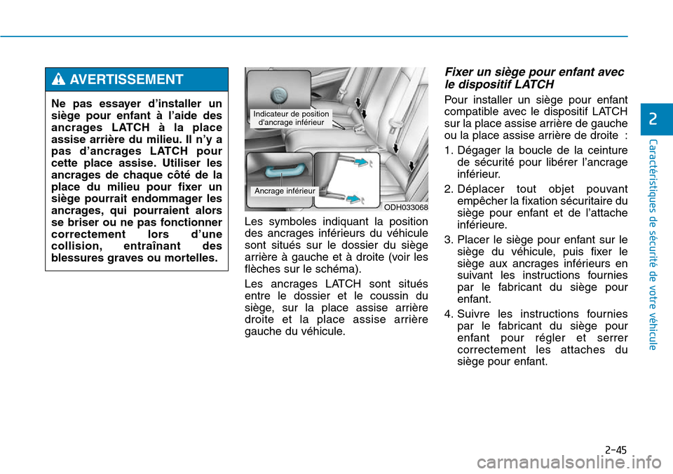 Hyundai Genesis 2015 Manuel du propriétaire (in French) 2-45
Caractéristiques de sécurité de votre véhicule
2
Les symboles indiquant la position
des ancrages inférieurs du véhicule
sont situés sur le dossier du siège
arrière à gauche et à droite Hyundai Genesis 2015 Manuel du propriétaire (in French) 2-45
Caractéristiques de sécurité de votre véhicule
2
Les symboles indiquant la position
des ancrages inférieurs du véhicule
sont situés sur le dossier du siège
arrière à gauche et à droite
