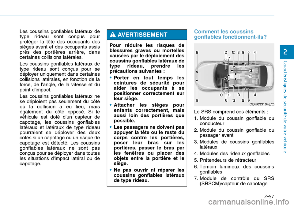 Hyundai Genesis 2015 Manuel du propriétaire (in French) 2-57
Caractéristiques de sécurité de votre véhicule
2
Les coussins gonflables latéraux de
type rideau sont conçus pour
protéger la tête des occupants des
sièges avant et des occupants assis
p Hyundai Genesis 2015 Manuel du propriétaire (in French) 2-57
Caractéristiques de sécurité de votre véhicule
2
Les coussins gonflables latéraux de
type rideau sont conçus pour
protéger la tête des occupants des
sièges avant et des occupants assis
p