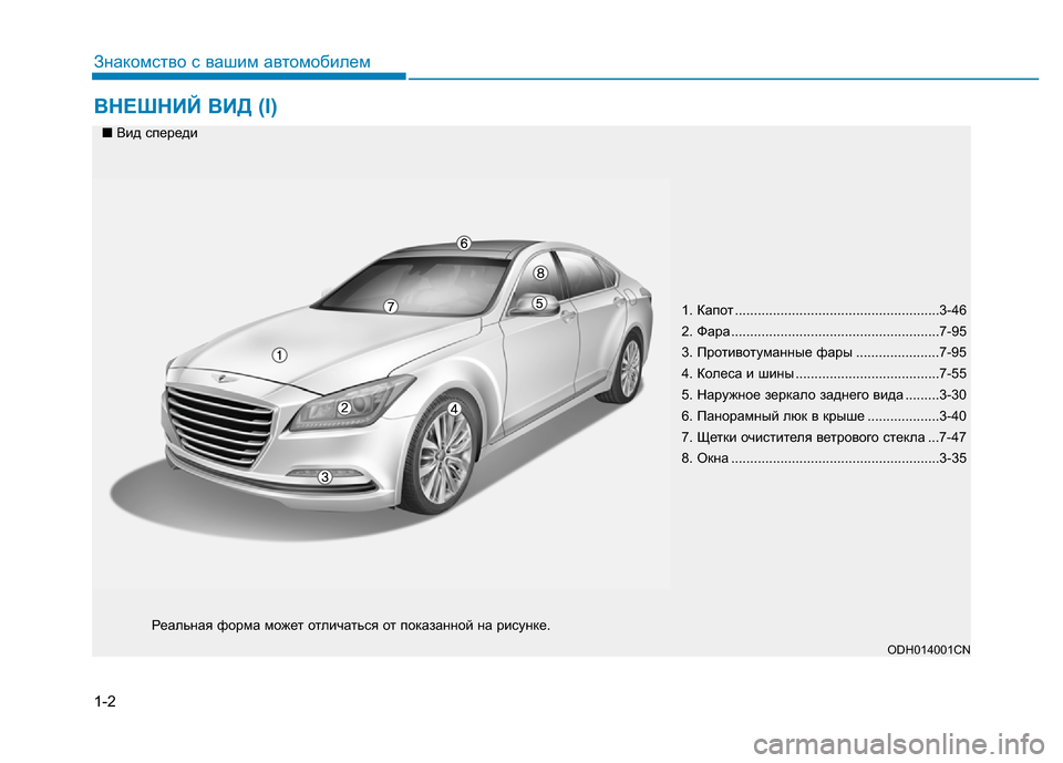 Hyundai Genesis 2015 Инструкция по эксплуатации (in Russian) 1-2
ВНЕШНИЙ ВИД (I)
Знакомство с вашим автомобилем
1. Капот ......................................................3-46
2. Фара ........................... Hyundai Genesis 2015 Инструкция по эксплуатации (in Russian) 1-2
ВНЕШНИЙ ВИД (I)
Знакомство с вашим автомобилем
1. Капот ......................................................3-46
2. Фара ...........................