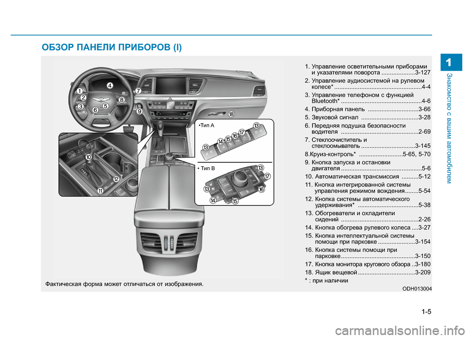 Hyundai Genesis 2015 Инструкция по эксплуатации (in Russian) 1-5
Знакомство с вашим автомобилем1
ОБЗОР ПАНЕЛИ ПРИБОРОВ (I)
1. Управление осветительными приборами
и указател Hyundai Genesis 2015 Инструкция по эксплуатации (in Russian) 1-5
Знакомство с вашим автомобилем1
ОБЗОР ПАНЕЛИ ПРИБОРОВ (I)
1. Управление осветительными приборами
и указател