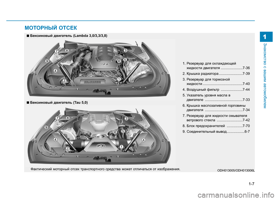 Hyundai Genesis 2015 Инструкция по эксплуатации (in Russian) 1-7
Знакомство с вашим автомобилем1
МОТОРНЫЙ ОТСЕК
1. Резервуар для охлаждающей
жидкости двигателя .................... Hyundai Genesis 2015 Инструкция по эксплуатации (in Russian) 1-7
Знакомство с вашим автомобилем1
МОТОРНЫЙ ОТСЕК
1. Резервуар для охлаждающей
жидкости двигателя ....................