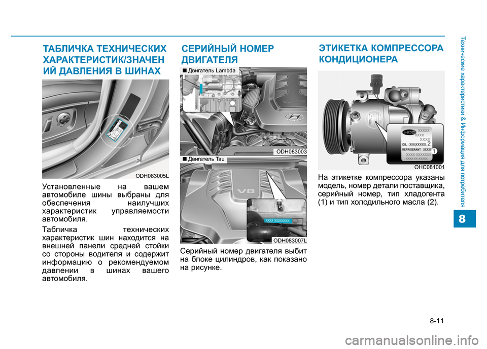 Hyundai Genesis 2015  Инструкция по эксплуатации (in Russian) 8-11
Технические характеристики & Информация для потребителя
8
Установленные на вашем
автомобиле шины выбраны 