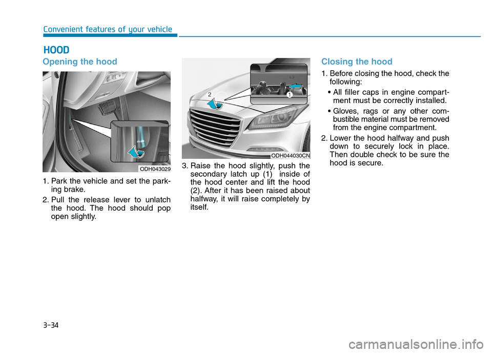 Hyundai Genesis 2014 Owners Manual 3-34
Convenient features of your vehicle
Opening the hood
1. Park the vehicle and set the park-
ing brake.
2. Pull the release lever to unlatch
the hood. The hood should pop
open slightly.3. Raise th Hyundai Genesis 2014 Owners Manual 3-34
Convenient features of your vehicle
Opening the hood
1. Park the vehicle and set the park-
ing brake.
2. Pull the release lever to unlatch
the hood. The hood should pop
open slightly.3. Raise th