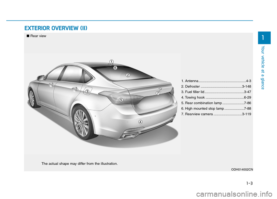 Hyundai Genesis 2014 User Guide 1-3
Your vehicle at a glance
EXTERIOR OVERVIEW (II)
1
1. Antenna ................................................4-3
2. Defroster ..........................................3-148
3. Fuel filler lid ... Hyundai Genesis 2014 User Guide 1-3
Your vehicle at a glance
EXTERIOR OVERVIEW (II)
1
1. Antenna ................................................4-3
2. Defroster ..........................................3-148
3. Fuel filler lid ...