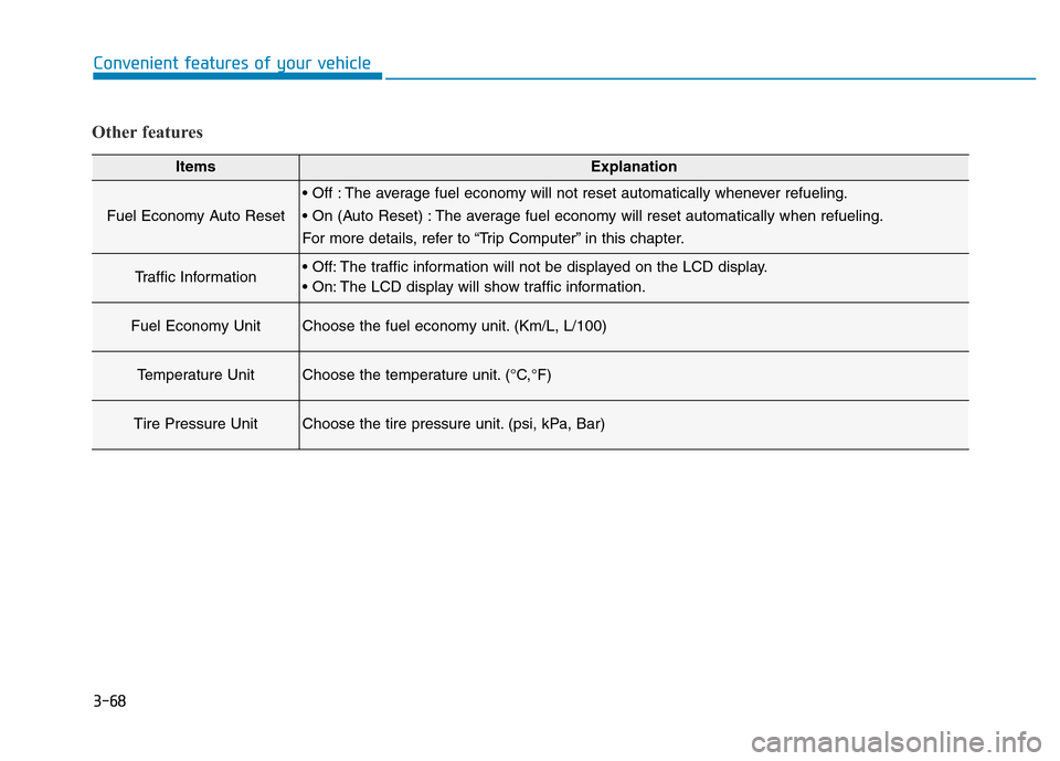 Hyundai Genesis 2014  Owners Manual 3-68
Convenient features of your vehicle
Other features
ItemsExplanation
Fuel Economy Auto Reset
• Off : The average fuel economy will not reset automatically whenever refueling.
• On (Auto Reset)