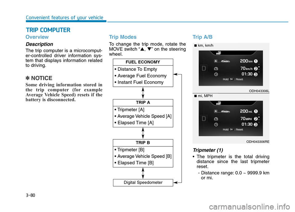 Hyundai Genesis 2014  Owners Manual 3-80
Convenient features of your vehicle
Overview
Description
The trip computer is a microcomput-
er-controlled driver information sys-
tem that displays information related
to driving.
✽NOTICE
Some