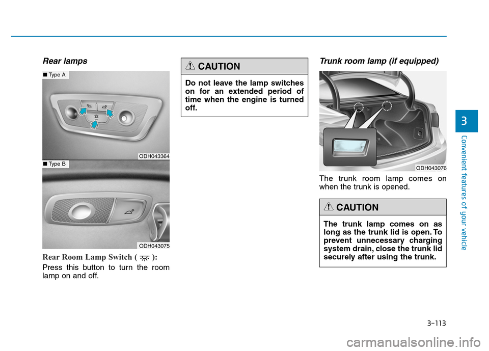 Hyundai Genesis 2014 Owners Manual 3-113
Convenient features of your vehicle
3
Rear lamps
Rear Room Lamp Switch ( ):
Press this button to turn the room
lamp on and off.
Trunk room lamp (if equipped)
The trunk room lamp comes on
when t Hyundai Genesis 2014 Owners Manual 3-113
Convenient features of your vehicle
3
Rear lamps
Rear Room Lamp Switch ( ):
Press this button to turn the room
lamp on and off.
Trunk room lamp (if equipped)
The trunk room lamp comes on
when t
