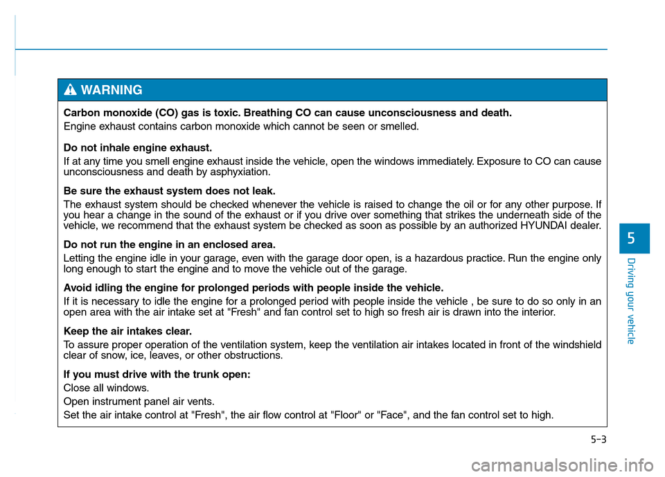 Hyundai Genesis 2014  Owners Manual 5-3
Driving your vehicle
5
Carbon monoxide (CO) gas is toxic. Breathing CO can cause unconsciousness and death.
Engine exhaust contains carbon monoxide which cannot be seen or smelled.
Do not inhale e