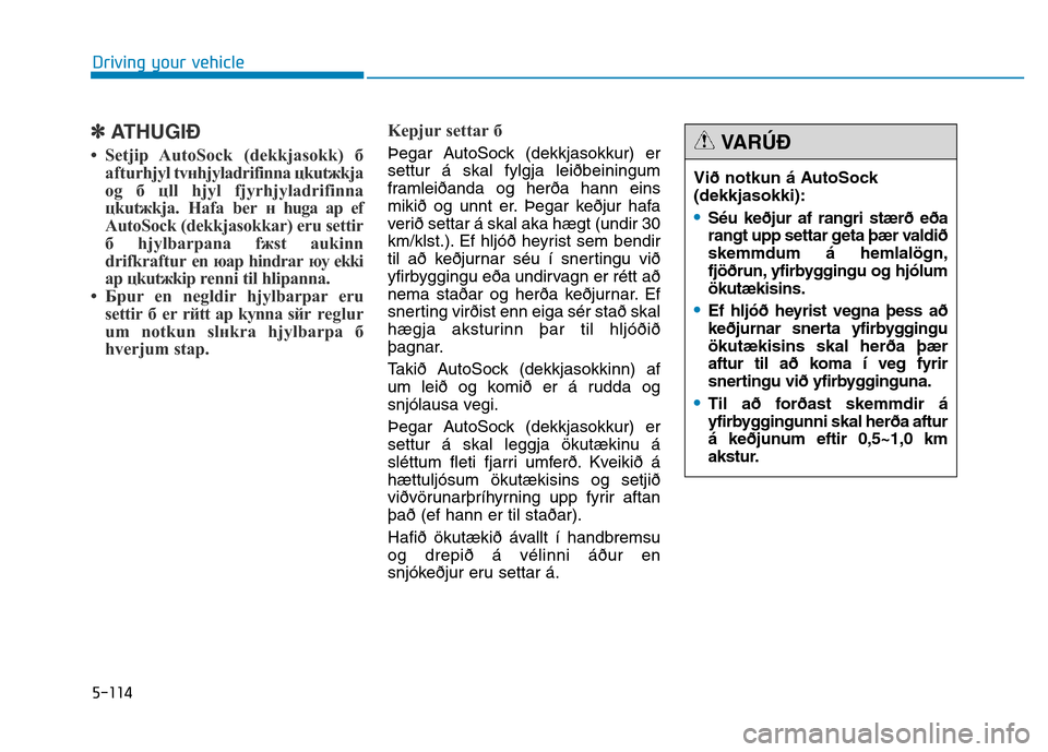 Hyundai Genesis 2014 Owners Manual 5-114
Driving your vehicle
✽ATHUGIÐ
• Setjiр AutoSock (dekkjasokk) б
afturhjуl tvнhjуladrifinna цkutжkja
og б цll hjуl fjуrhjуladrifinna
цkutжkja. Hafa ber н huga aр ef
AutoSock ( Hyundai Genesis 2014 Owners Manual 5-114
Driving your vehicle
✽ATHUGIÐ
• Setjiр AutoSock (dekkjasokk) б
afturhjуl tvнhjуladrifinna цkutжkja
og б цll hjуl fjуrhjуladrifinna
цkutжkja. Hafa ber н huga aр ef
AutoSock (