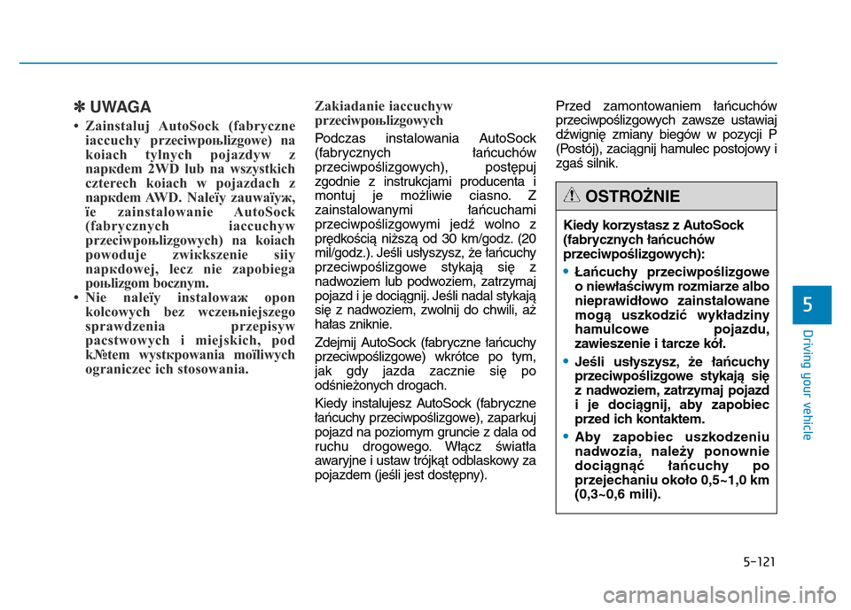 Hyundai Genesis 2014 Owners Manual 5-121
Driving your vehicle
5
✽UWAGA
• Zainstaluj AutoSock (fabryczne
іaсcuchy przeciwpoњlizgowe) na
koіach tylnych pojazdуw z
napкdem 2WD lub na wszystkich
czterech koіach w pojazdach z
na Hyundai Genesis 2014 Owners Manual 5-121
Driving your vehicle
5
✽UWAGA
• Zainstaluj AutoSock (fabryczne
іaсcuchy przeciwpoњlizgowe) na
koіach tylnych pojazdуw z
napкdem 2WD lub na wszystkich
czterech koіach w pojazdach z
na