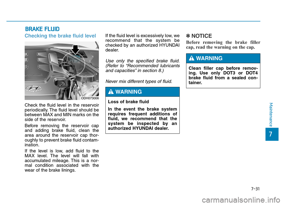 Hyundai Genesis 2014 Owners Manual 7-31
7
Maintenance
BRAKE FLUID
Checking the brake fluid level
Check the fluid level in the reservoir
periodically. The fluid level should be
between MAX and MIN marks on the
side of the reservoir.
B Hyundai Genesis 2014 Owners Manual 7-31
7
Maintenance
BRAKE FLUID
Checking the brake fluid level
Check the fluid level in the reservoir
periodically. The fluid level should be
between MAX and MIN marks on the
side of the reservoir.
B