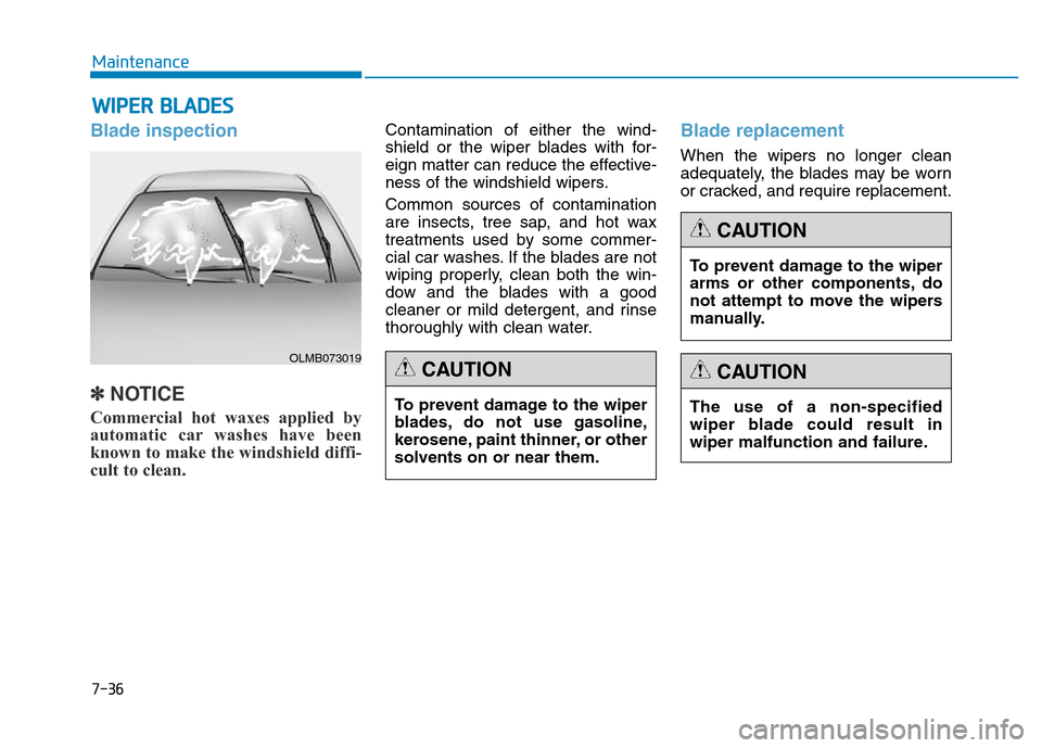 Hyundai Genesis 2014 Owners Manual 7-36
Maintenance
WIPER BLADES
Blade inspection
✽NOTICE
Commercial hot waxes applied by
automatic car washes have been
known to make the windshield diffi-
cult to clean.
Contamination of either the Hyundai Genesis 2014 Owners Manual 7-36
Maintenance
WIPER BLADES
Blade inspection
✽NOTICE
Commercial hot waxes applied by
automatic car washes have been
known to make the windshield diffi-
cult to clean.
Contamination of either the