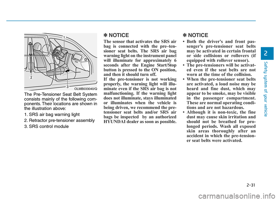 Hyundai Genesis 2014 Service Manual 2-31
Safety system of your vehicle
2
The Pre-Tensioner Seat Belt System
consists mainly of the following com-
ponents. Their locations are shown in
the illustration above:
1. SRS air bag warning light