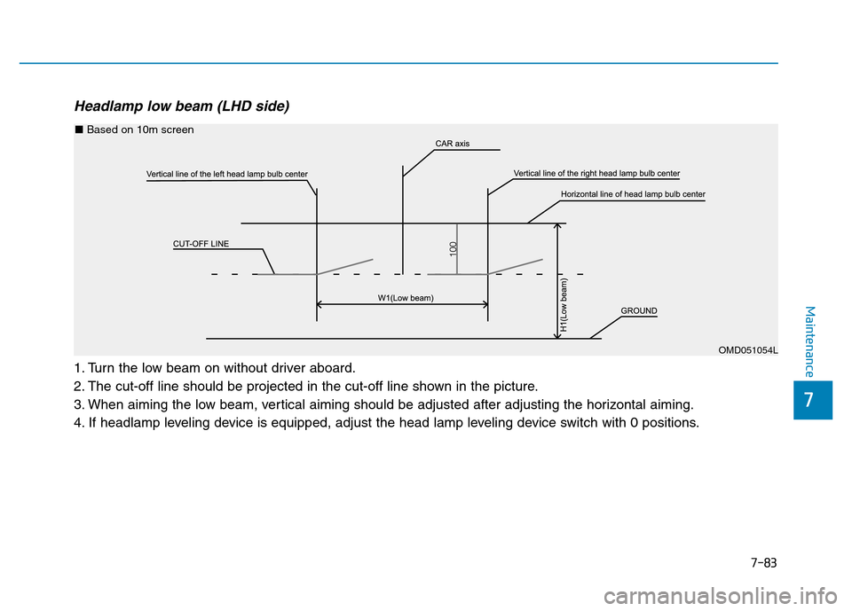 Hyundai Genesis 2014 Owners Manual 7-83
7
Maintenance
Headlamp low beam (LHD side)
1. Turn the low beam on without driver aboard.
2. The cut-off line should be projected in the cut-off line shown in the picture.
3. When aiming the low Hyundai Genesis 2014 Owners Manual 7-83
7
Maintenance
Headlamp low beam (LHD side)
1. Turn the low beam on without driver aboard.
2. The cut-off line should be projected in the cut-off line shown in the picture.
3. When aiming the low