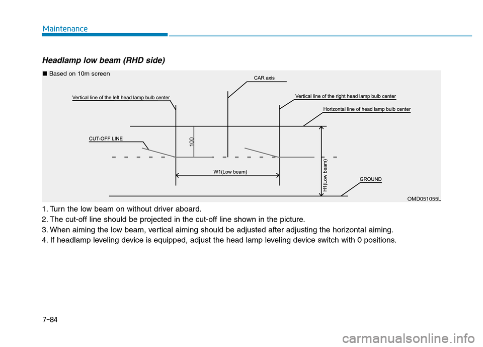 Hyundai Genesis 2014 Owners Manual 7-84
Maintenance
Headlamp low beam (RHD side)
1. Turn the low beam on without driver aboard.
2. The cut-off line should be projected in the cut-off line shown in the picture.
3. When aiming the low b Hyundai Genesis 2014 Owners Manual 7-84
Maintenance
Headlamp low beam (RHD side)
1. Turn the low beam on without driver aboard.
2. The cut-off line should be projected in the cut-off line shown in the picture.
3. When aiming the low b