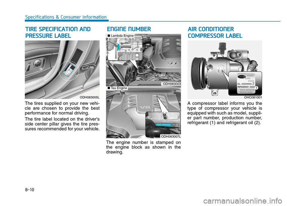 Hyundai Genesis 2014  Owners Manual 8-10
Specifications & Consumer information
The tires supplied on your new vehi-
cle are chosen to provide the best
performance for normal driving.
The tire label located on the drivers
side center pi