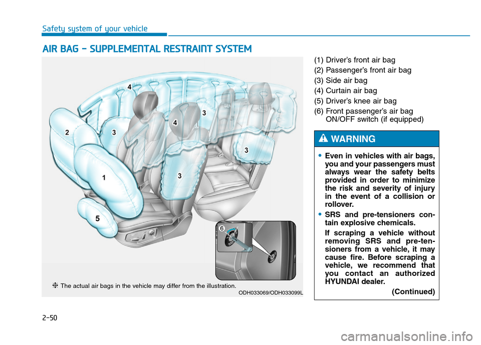 Hyundai Genesis 2014 Repair Manual 2-50
Safety system of your vehicle
(1) Driver’s front air bag
(2) Passenger’s front air bag
(3) Side air bag
(4) Curtain air bag
(5) Driver’s knee air bag
(6) Front passenger’s air bag
ON/OFF Hyundai Genesis 2014 Repair Manual 2-50
Safety system of your vehicle
(1) Driver’s front air bag
(2) Passenger’s front air bag
(3) Side air bag
(4) Curtain air bag
(5) Driver’s knee air bag
(6) Front passenger’s air bag
ON/OFF