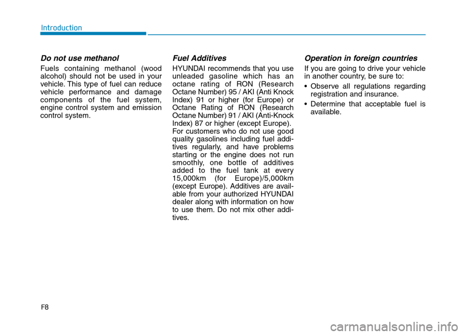 Hyundai Genesis 2014  Owners Manual F8
Introduction
Do not use methanol
Fuels containing methanol (wood
alcohol) should not be used in your
vehicle. This type of fuel can reduce
vehicle performance and damage
components of the fuel syst
