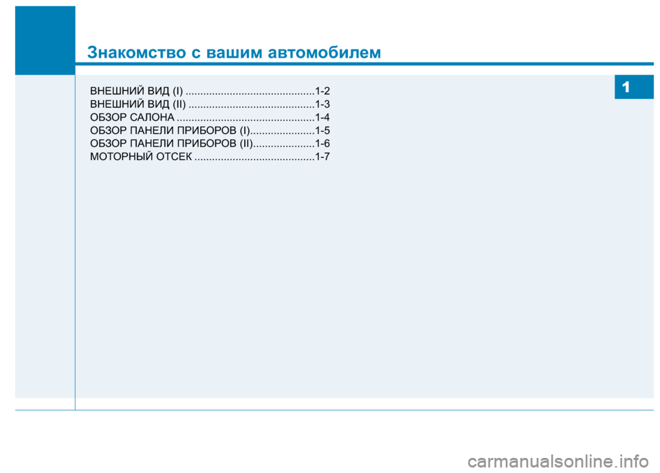Hyundai Genesis 2014  Инструкция по эксплуатации (in Russian) Знакомство с вашим автомобилем1
Знакомство с вашим автомобилем
1ВНЕШНИЙ ВИД (I) ............................................1-2
ВНЕШ