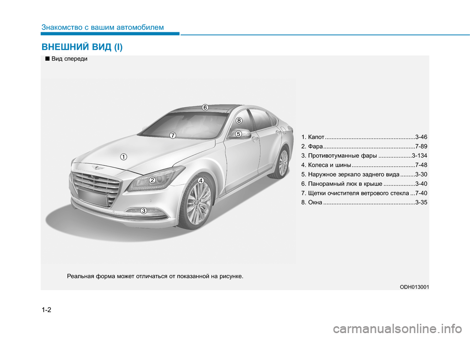 Hyundai Genesis 2014 Инструкция по эксплуатации (in Russian) 1-2
ВНЕШНИЙ ВИД (I)
Знакомство с вашим автомобилем
1. Капот ......................................................3-46
2. Фара ........................... Hyundai Genesis 2014 Инструкция по эксплуатации (in Russian) 1-2
ВНЕШНИЙ ВИД (I)
Знакомство с вашим автомобилем
1. Капот ......................................................3-46
2. Фара ...........................