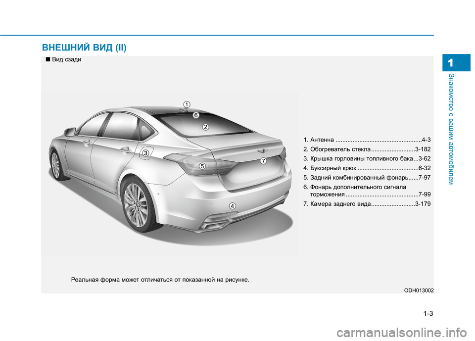 Hyundai Genesis 2014  Инструкция по эксплуатации (in Russian) 1-3
Знакомство с вашим автомобилем
ВНЕШНИЙ ВИД (II)
1
1. Антенна ...................................................4-3
2. Обогреватель стек