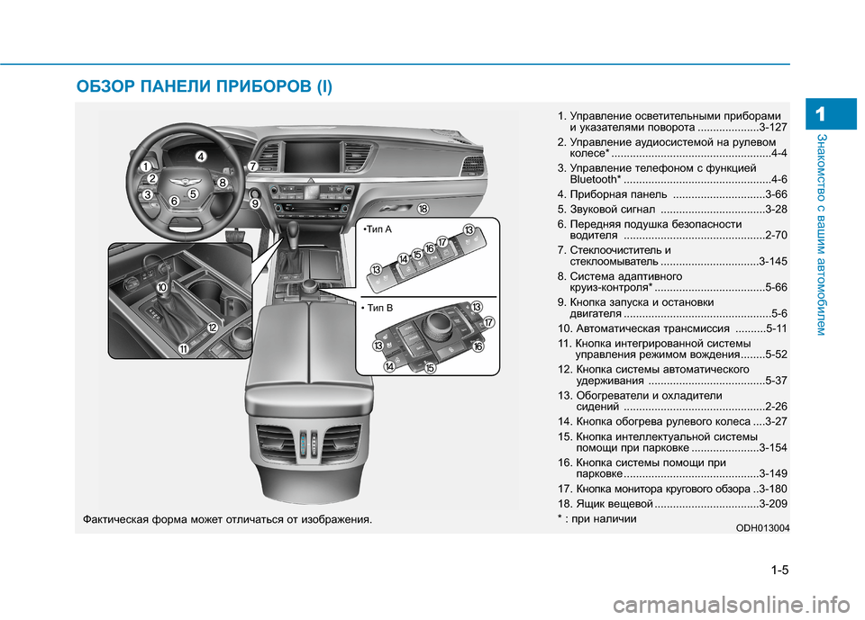 Hyundai Genesis 2014 Инструкция по эксплуатации (in Russian) 1-5
Знакомство с вашим автомобилем1
ОБЗОР ПАНЕЛИ ПРИБОРОВ (I)
1. Управление осветительными приборами
и указател Hyundai Genesis 2014 Инструкция по эксплуатации (in Russian) 1-5
Знакомство с вашим автомобилем1
ОБЗОР ПАНЕЛИ ПРИБОРОВ (I)
1. Управление осветительными приборами
и указател