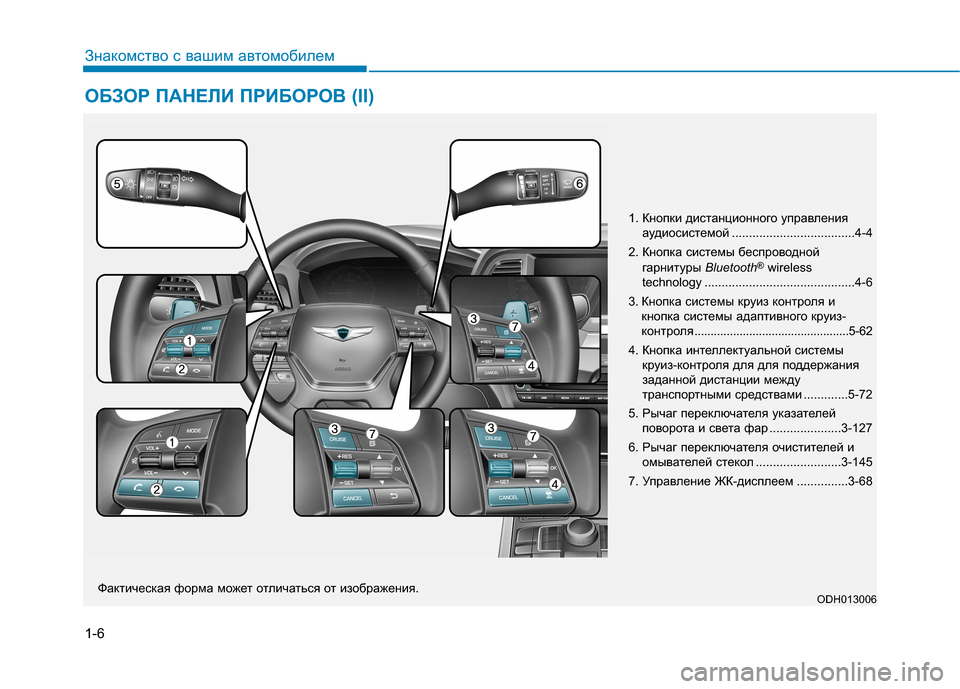Hyundai Genesis 2014 Инструкция по эксплуатации (in Russian) 1-6
Знакомство с вашим автомобилем
ОБЗОР ПАНЕЛИ ПРИБОРОВ (II)
1. Кнопки дистанционного управления
аудиосистемой Hyundai Genesis 2014 Инструкция по эксплуатации (in Russian) 1-6
Знакомство с вашим автомобилем
ОБЗОР ПАНЕЛИ ПРИБОРОВ (II)
1. Кнопки дистанционного управления
аудиосистемой