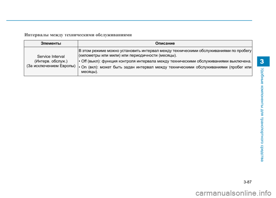 Hyundai Genesis 2014  Инструкция по эксплуатации (in Russian) 3-87
Удобные компоненты для транспортного средства3
ЭлементыОписание
Service Interval 
(Интерв. обслуж.) 
(За исключени�