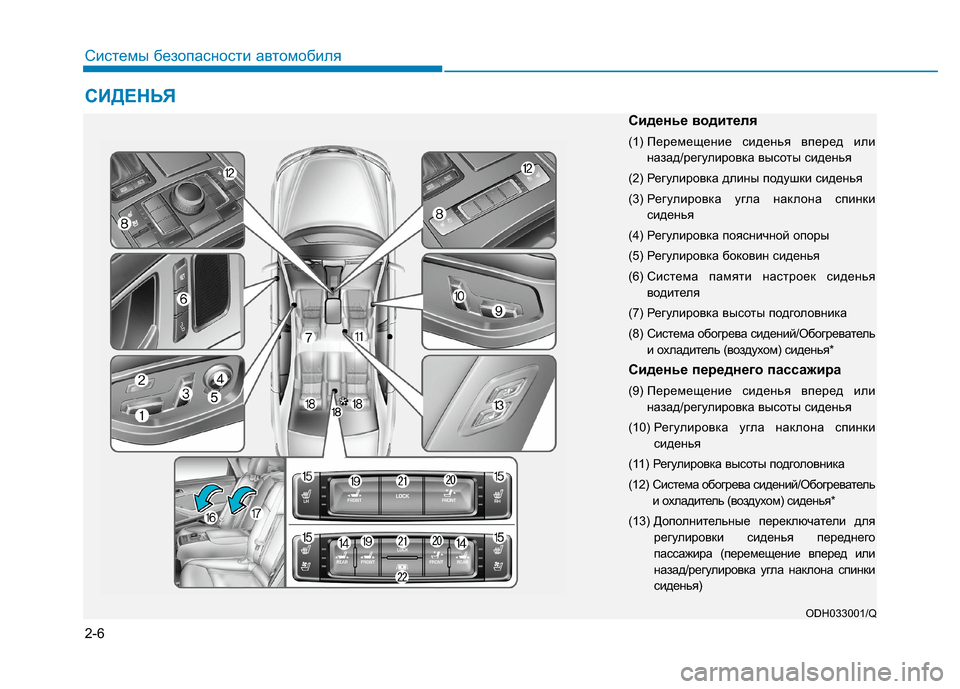 Hyundai Genesis 2014 Инструкция по эксплуатации (in Russian) 2-6
Системы безопасности автомобиля
СИДЕНЬЯ
ODH033001/Q
Сиденье водителя
(1) Перемещение сиденья вперед или
назад/р Hyundai Genesis 2014 Инструкция по эксплуатации (in Russian) 2-6
Системы безопасности автомобиля
СИДЕНЬЯ
ODH033001/Q
Сиденье водителя
(1) Перемещение сиденья вперед или
назад/р