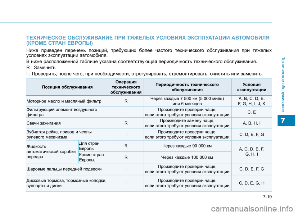 Hyundai Genesis 2014  Инструкция по эксплуатации (in Russian) 7-19
Техническое обслуживание
7
ТЕХНИЧЕСКОЕ ОБСЛУЖИВАНИЕ ПРИ ТЯЖЕЛЫХ УСЛОВИЯХ ЭКСПЛУАТАЦИИ АВТОМОБИЛЯ
(КРОМЕ 