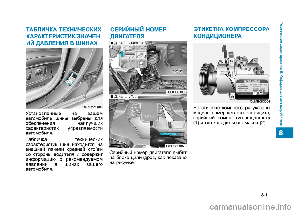 Hyundai Genesis 2014 Инструкция по эксплуатации (in Russian) 8-11
Технические характеристики & Информация для потребителя
8
Установленные на вашем
автомобиле шины выбраны Hyundai Genesis 2014 Инструкция по эксплуатации (in Russian) 8-11
Технические характеристики & Информация для потребителя
8
Установленные на вашем
автомобиле шины выбраны