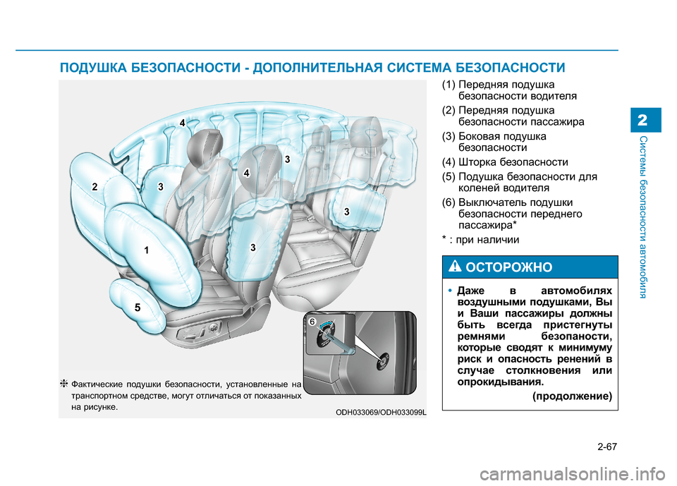 Hyundai Genesis 2014  Инструкция по эксплуатации (in Russian) 2-67
Системы безопасности автомобиля2
(1) Передняя подушка
безопасности водителя
(2) Передняя подушка
безопасно