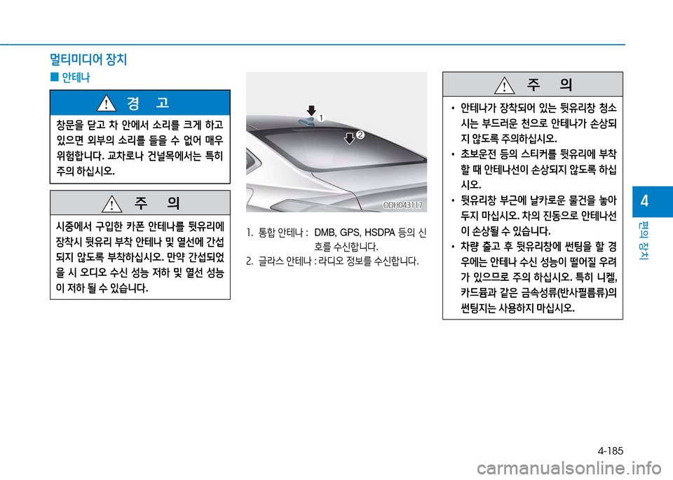 Hyundai Genesis 2014  제네시스 DH - 사용 설명서 (in Korean) 4-185
편의 장치
4
멀?x미디2< 장치
 
0 안테 
ODH043117ODH043117
좌
.   통A