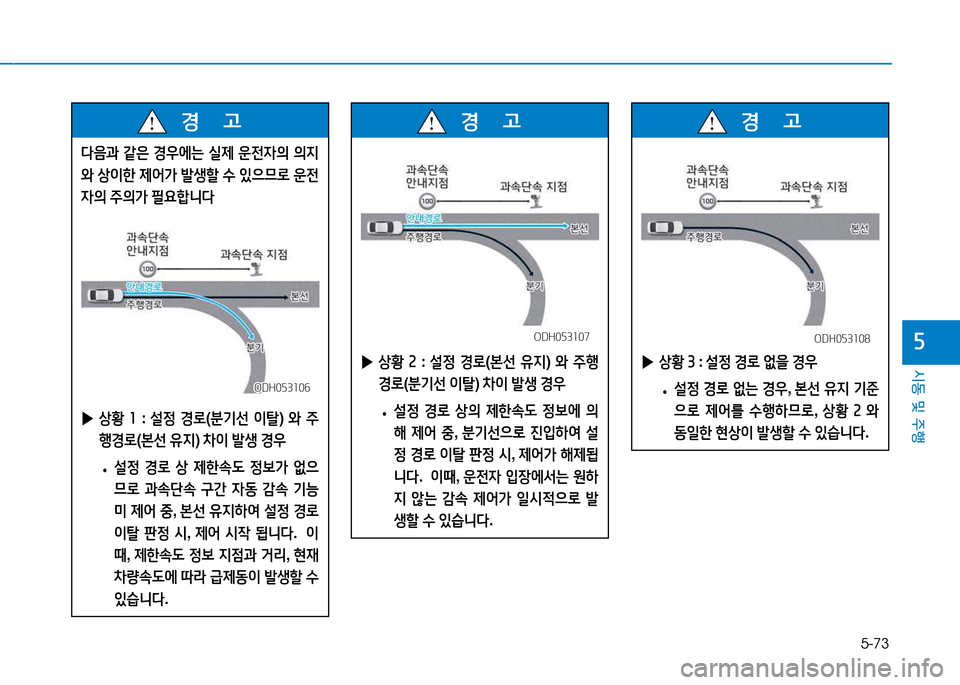 Hyundai Genesis 2014  제네시스 DH - 사용 설명서 (in Korean) 5-73
시동 및 주행
자
l음과 같은  E우2X는  /l제  운전4의  의6H
와  상이한  제어