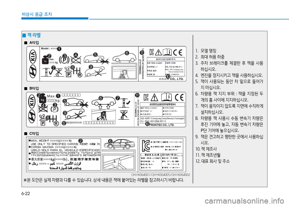 Hyundai Genesis 2014  제네시스 DH - 사용 설명서 (in Korean) 6-22
비상시 응급 조치
좌.   0델  명칭
속 .   최