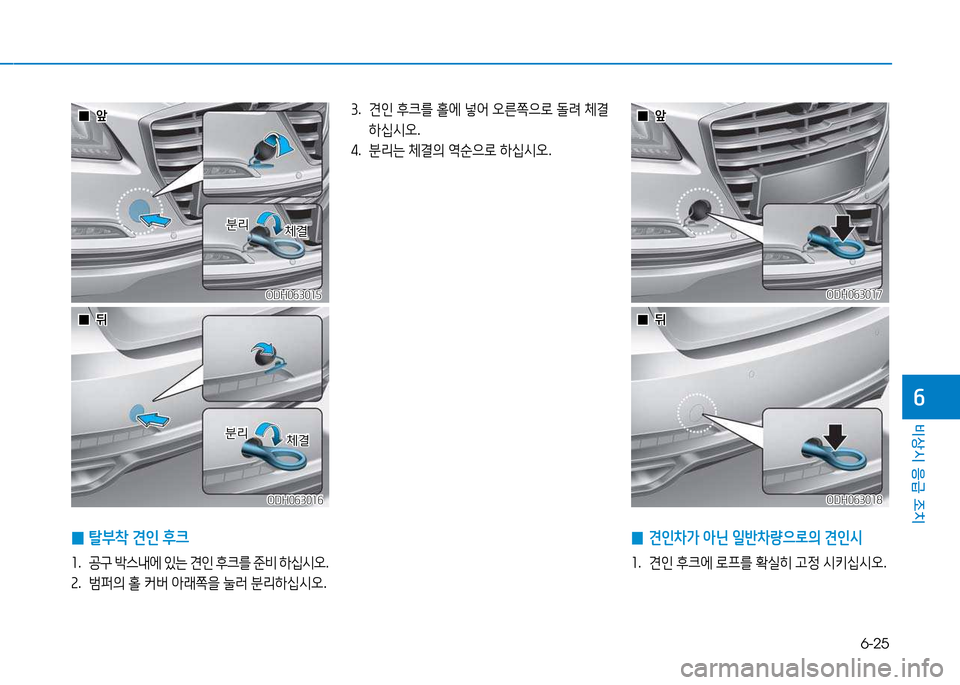 Hyundai Genesis 2014  제네시스 DH - 사용 설명서 (in Korean) 6-25
비상시 응급 조치
작
3.  견인  후크를  홀에  