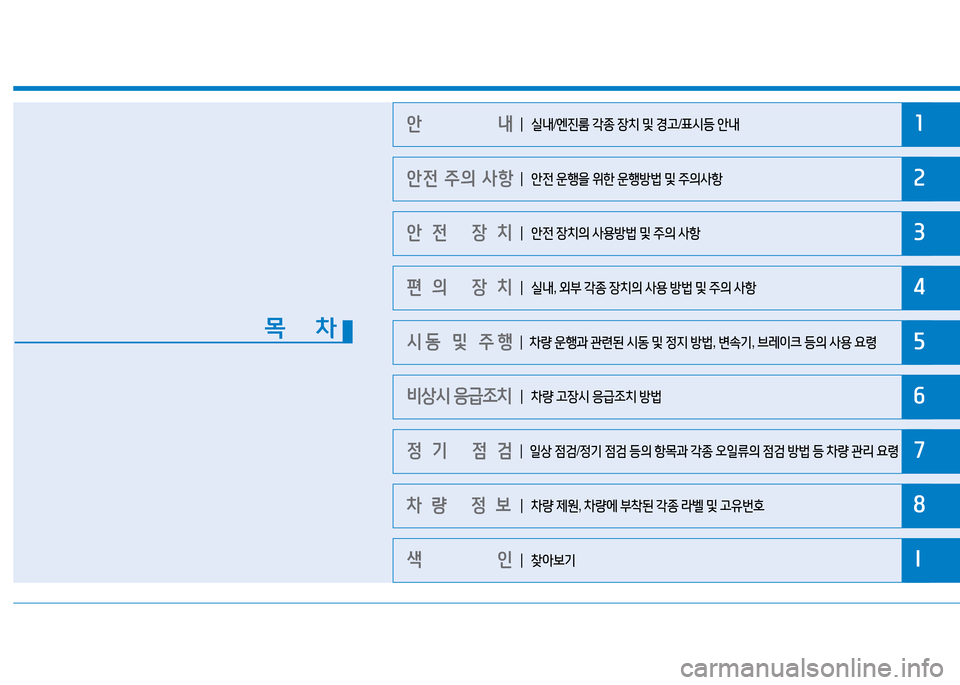 Hyundai Genesis 2014  제네시스 DH - 사용 설명서 (in Korean) 1
2
3
4
5
6
7
8
I
안                내 
안전 주의 사항
안전 장치
편의 장치
시동 및 주행
비상시 응급조치
정기 점검
차량 정보
색       인
목    차
┃ 실내 /엔