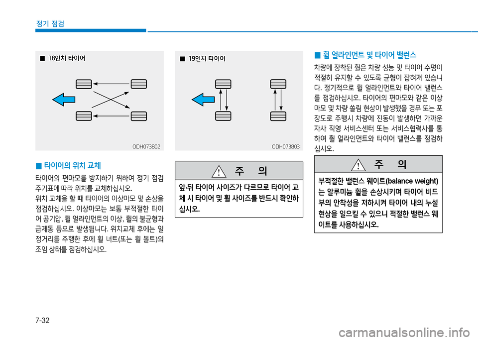Hyundai Genesis 2014  제네시스 DH - 사용 설명서 (in Korean) 7-32
정기 점검
 
0 타이어의
 위치  교체
타이어의  편&P0를  방6HA