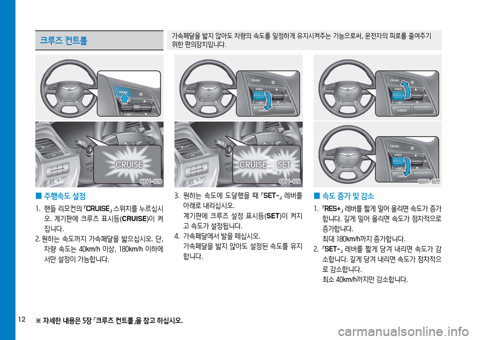 Hyundai Genesis 2014  제네시스 DH - 사용 설명서 (in Korean) 12
 
0 주행.도
 설정
소 .  핸들  리0컨의  
「 CRUISE
」 
스위치를  누르/u/d
오 . 계기판에  크루6  표/d등 (CRUISE )이  켜
6Y니다 .
속 .  원하는  .도
