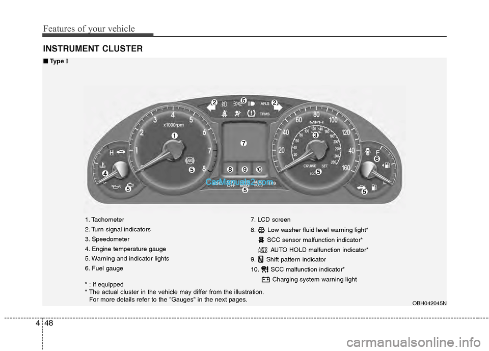 Hyundai Genesis 2013  Owners Manual Features of your vehicle
48
4
INSTRUMENT CLUSTER
1. Tachometer 
2. Turn signal indicators
3. Speedometer
4. Engine temperature gauge
5. Warning and indicator lights
6. Fuel gauge 7. LCD screen
8. Low 