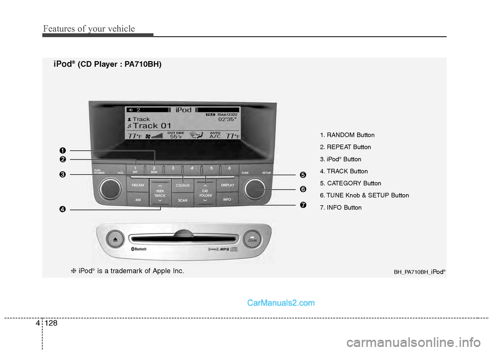 Hyundai Genesis 2013  Owners Manual Features of your vehicle
128
4
1. RANDOM Button
2. REPEAT Button
3. iPod
®Button
4. TRACK Button
5. CATEGORY Button
6. TUNE Knob & SETUP Button
7. INFO Button
BH_PA710BH_iPod®
iPod® ®(CD Player : 