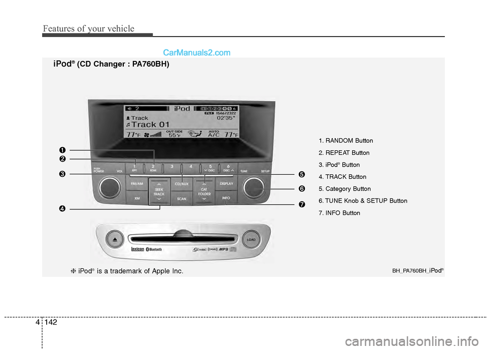 Hyundai Genesis 2013  Owners Manual Features of your vehicle
142
4
1. RANDOM Button
2. REPEAT Button
3. iPod
®Button
4. TRACK Button
5. Category Button
6. TUNE Knob & SETUP Button
7. INFO Button
BH_PA760BH_iPod®
iPod®(CD Changer : PA