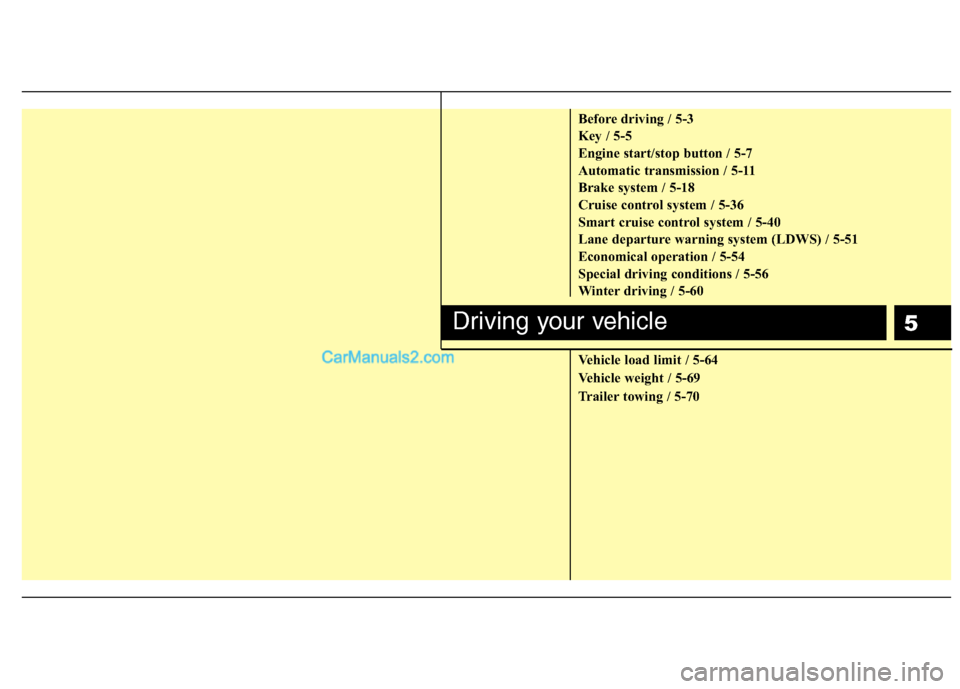 Hyundai Genesis 2013 Service Manual 5
Before driving / 5-3
Key / 5-5
Engine start/stop button / 5-7
Automatic transmission / 5-11
Brake system / 5-18
Cruise control system / 5-36
Smart cruise control system / 5-40
Lane departure warning