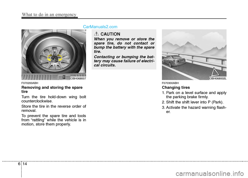 Hyundai Genesis 2013  Owners Manual What to do in an emergency
14
6
F070200ABH
Removing and storing the spare
tire  
Turn the tire hold-down wing bolt
counterclockwise.
Store the tire in the reverse order of
removal.
To prevent the spar