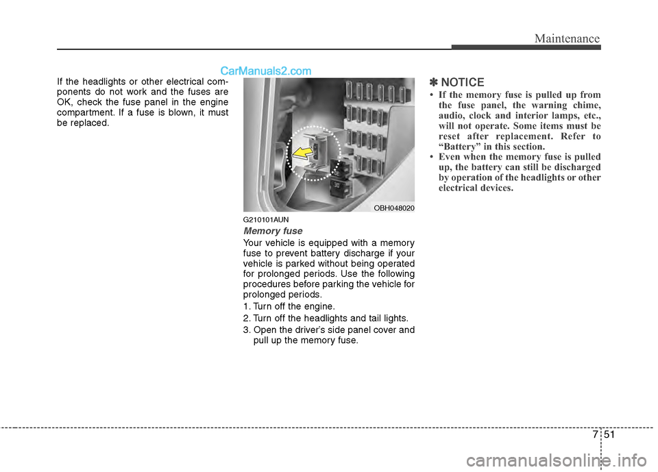 Hyundai Genesis 2013  Owners Manual 751
Maintenance
If the headlights or other electrical com-
ponents do not work and the fuses are
OK, check the fuse panel in the engine
compartment. If a fuse is blown, it must
be replaced.
G210101AUN
