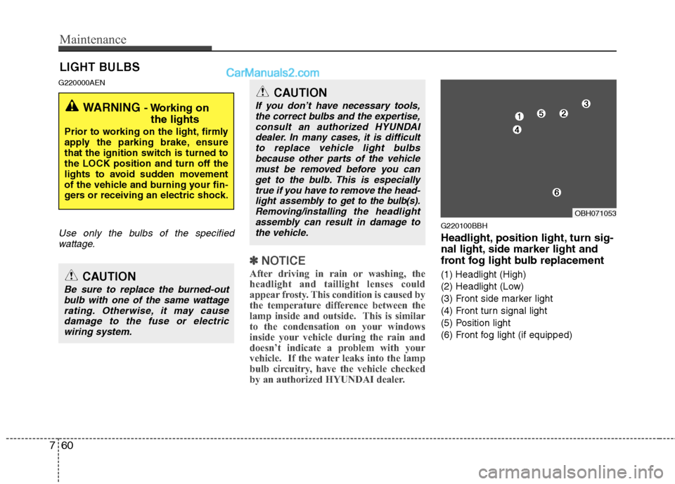 Hyundai Genesis 2013  Owners Manual Maintenance
60
7
LIGHT BULBS
G220000AEN
Use only the bulbs of the specified
wattage.
✽
✽ NOTICE
After driving in rain or washing, the
headlight and taillight lenses could
appear frosty. This condi
