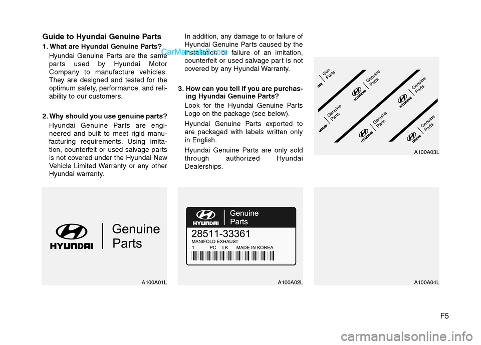 Hyundai Genesis 2013  Owners Manual F5
Guide to Hyundai Genuine Parts
1. What are Hyundai Genuine Parts?
Hyundai Genuine Parts are the same
parts used by Hyundai Motor
Company to manufacture vehicles.
They are designed and tested for th